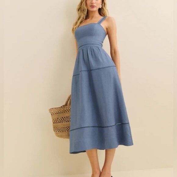 NEW Reformation Everett Linen Midi Dress Cornflower Blue | US 2 UK 6 - Picture 1 of 14